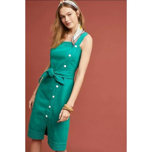 Anthropologie Maeve Elizabeth Green Side Button Denim Green Dress‎ Size 4 Used - Picture 3 of 16